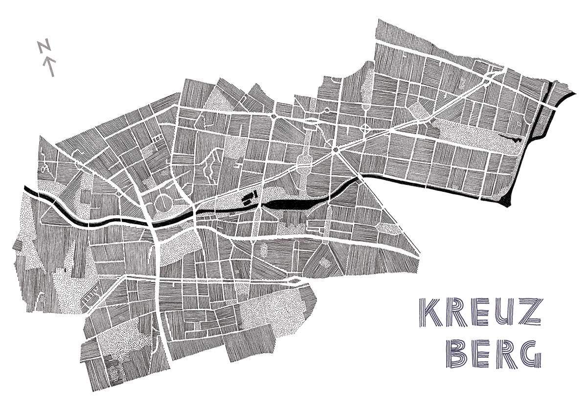 Illustrated map of district of Kreuzberg in Berlin
