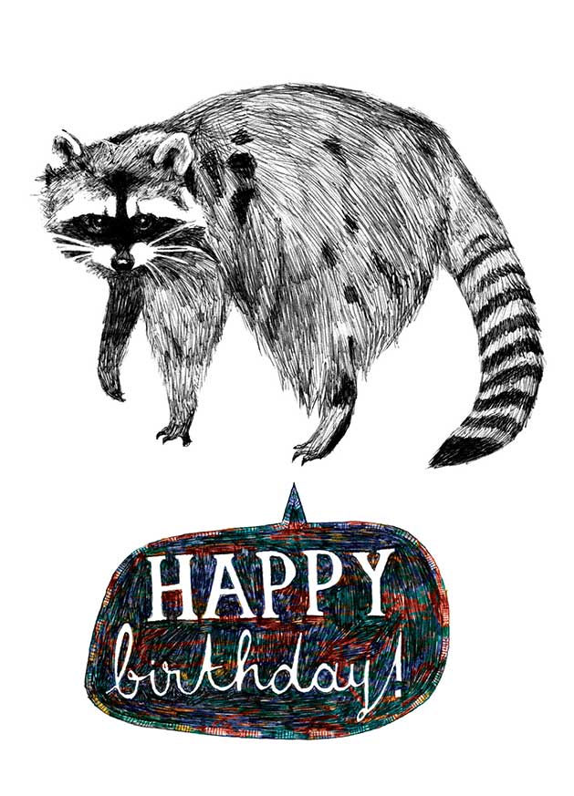 Illustration of racoon saying Happy Birthday!