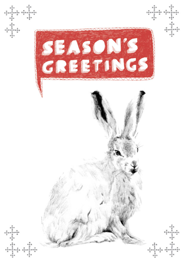 Illustration of arctic rabbit saying Season's Greetings