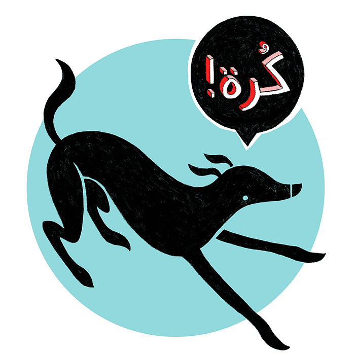 GIF of a black dog in a playful bowing pose, front paws outstretched, rear raised, tail wagging. Its body bounces slightly, and the word 'ball!' appears in Arabic.