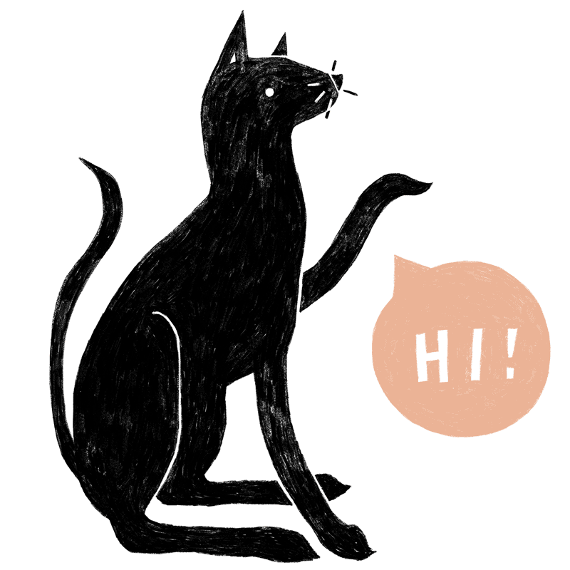 GIF showing the profile of a black cat. The tip of its tail flicks gently back and forth, and one paw lifts up and down. A red speech bubble with white text says 'Hi!'.