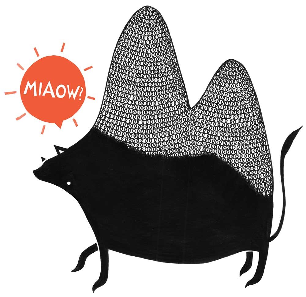 Screen-printed illustration of a humourous creature, part cat, part camel, with a speech bubble that reads 'Miaow?'.