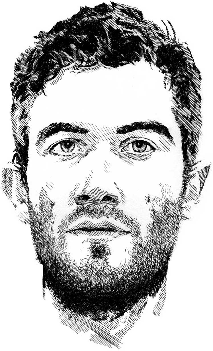 Black and white, line illustration of Nicolas Jaar - composer and musician, shown from the neck up.