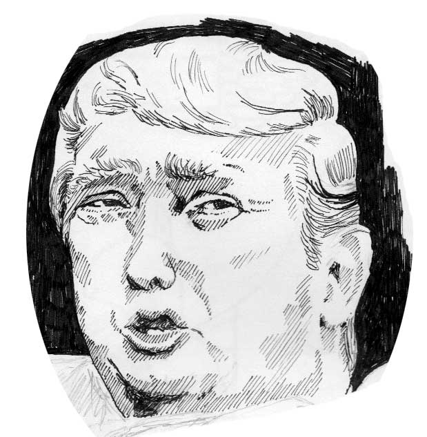 Black and white illustration of that guy who is currently the American president, shown from the chest up, wearing a pouty, dismissive expression.