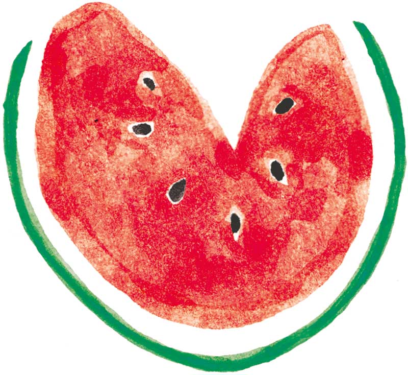 Watercolour illustration of a watermelon slice shaped like an almost-complete circle, with a triangular piece missing from the top. The missing section gives the slice a heart-like appearance.