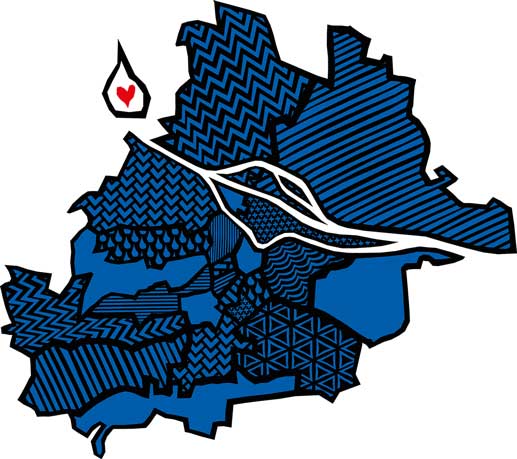 Illustration of a stylised map of Vienna, divided into its districts, each filled with a unique pattern. In the white space at the top left, a water droplet contains a red heart. Created as an entry for a Soulbottles competition.